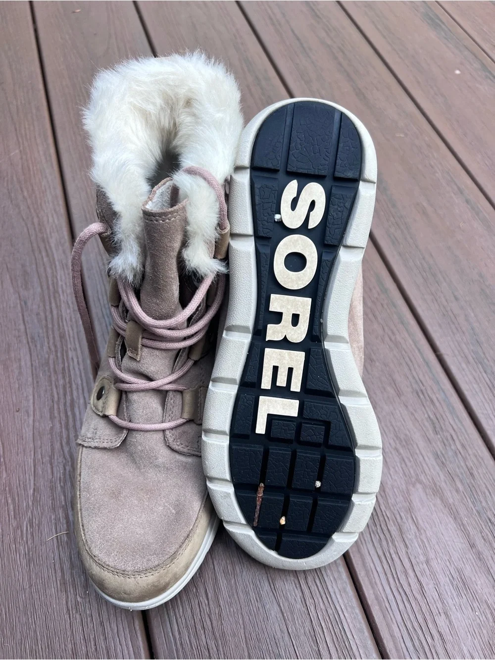 Sorel Explorer Joan  Beige Suede Faux-Fur Lined Ankle Boots